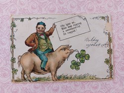 Old New Year postcard 1900 postcard with pig clover