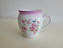 Old 1-liter Zsolnay porcelain flower-patterned wild rose tipped folk large sour cream mug