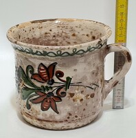 Folk, white-glazed, colorful flower-patterned ceramic belly mug (2534)