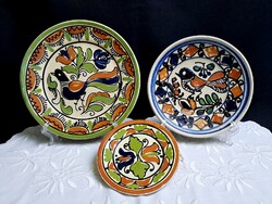 3 Korond judge barley ceramic wall bowls with birds, plate 19-16-11 cm
