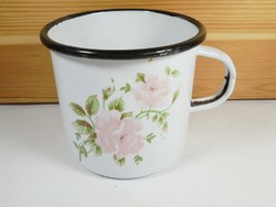 Retro old enameled mug with flower pattern - 9 cm diameter