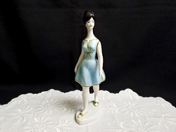 Hollóházi porcelán kék ruhás sétáló nő 24 cm magas