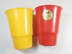 Retro old yellow, red plastic bathroom toothbrush cup pill plastic 2 pcs - circa 1970s