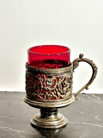 Silver-plated openwork filigree stemmed glass with red glass insert with floral decoration -- metal