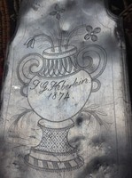 1874 Schraubflasche German Austrian metal tin flask butykos water bottle wine hand engraving signed silver color