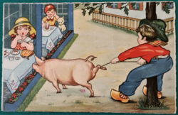 Antik grafikus vicces képeslap Rokat, gyerekek, malac