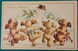 Régi  grafikus karácsonyi üdvözlő képeslap, táncoló kutyák