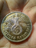 NÉMET BIRODALMI 2 MÁRKA 1938 B, HOROGKERESZTES - 8g Ag.625 EZÜST!