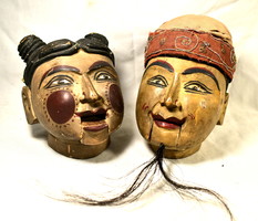 XIX. No. Far Eastern painted wooden marianette puppet toy doll - pair of heads