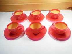 Old retro coffee and tea set, plastic 6 cups, 6 plates with polka dot pattern