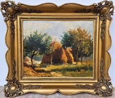 Painting by Ferenc Ujváry (1898-1971) landscape with hay bales with original guarantee!