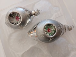 Old glass Christmas tree decoration silver indented glass decoration 2 pcs
