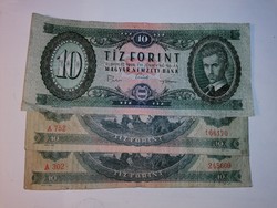 3 db tízforintos bankjegy, 1 db 1969. június 30. 2 db 1962 október 12-ei kiadású. LOT