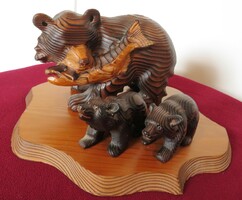 Vintage sculpture group of bear family hunting, eating fish, made in Canada, marked