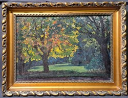 Forest landscape - old oil painting in a nice frame with the monogram j, 1929