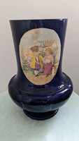 Fisher Ignác porcelán váza, korai , kézi festett, kobaltkék, jelzett