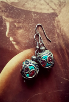 Large Moroccan pearl earrings with coral and turquoise inlay