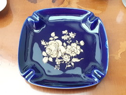 Hollóháza royal blue ashtray decorated with golden flowers is flawless