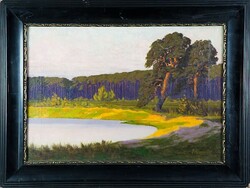 E. Sommler: Vízparti táj olaj vászon tájkép , festmény - 50843