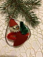 Régi üvegből és zseníliából készült mikulás szív formában karácsonyfadísz