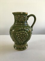 Retro, vintage veb haldensleben green ceramic, burnt glaze, grape pattern water, wine jug, spout