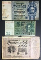 3 db-os német bankjegy gyűjtemény (Mark 1923, Reichsmark 1929)