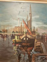 Tengerparti hajó kikötő festmény  E. Withney