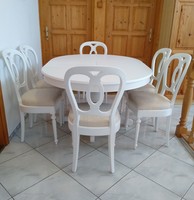 Étkezőgarnitúra, étkező, ebédlő asztal 6 francia barokk székkel,  átm: 110 cm, bővíthető 38 cm-es