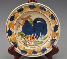 Antique Transylvanian (korund) blue earthenware plate with rooster.