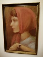 József Pituk (1906-1991): female portrait - beautiful, original pastel painting, from a collection.