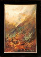 T. Yannopoulos: autumn in the mountains - oil painting in a frame covered with black velvet