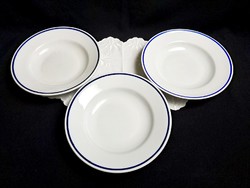 3 db régi kék csíkos Zsolnay mély leveses porcelán tányér