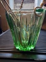 Uranium green midcentury/vintage engraved ice cube bucket, thick walled glass with metal handle