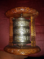TIBETI BUDDHISTA  forgatható IMAMALOM -faragott fa-réz-tibeti ezüst NAGYMÉRETŰ