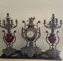 Flawless French Bronze Antique Mantel Clock and Candle Holder Set