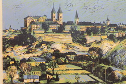 András Csavlek (1942-) landscape, veszprém, colored linocut