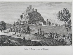 Ruins of Staatz. Original woodcut ca. 1843