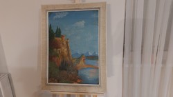 (K) seascape with castle 63x84 cm frame. Signed by Imre Gergely
