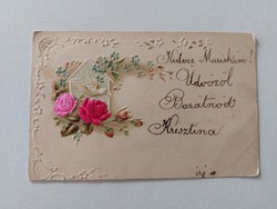 Régi képeslap 1900 dombornyomott levelezőlap selyem rátéttel rózsa galamb nefelejcs