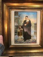 Német olaj, kartonon festmény, szignált, régi, 35 x 25 cm-es, Páli Szent Vince ábrázolás