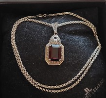 Antique silver decorated garnet stone pendant on an anchor-style chain