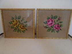 Beautiful old tapestry still life in glazed gold wooden frame, handwork pair
