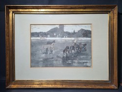 Pál Miháltz: watering in the river, 1955 - signed - street view, horses