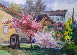 Botanical garden - serene colorful watercolor landscape with flowers - József Csongor