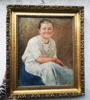 Gyertyáni Németh Gyula. Portré lány, szép aprólékos eredeti festmény,Táj Múzeum, gyüjtemény