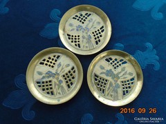 3 db Antik Cloisonné Rekeszzománc szecessziós virágos, áttört tömör réz tálka, poháralátét