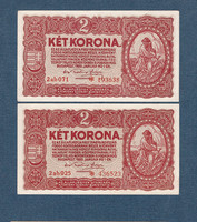 2 Korona 1920 UNC sorszám követő páros Magyar kiadás 2ab sorozatszám csillagos