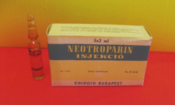 Gyógyszeres doboz a Chinoin Gyógyszergyár Neotroparin injekció, a 60-as évekből sértetlen állapotban