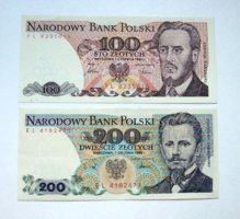 LENGYELORSZÁG - 100 zł  & 200 zł - 1986-1988 – 2 db-os złotyi bankjegy lot