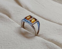 Régi ezüst borostyán nagyméretű gyűrű, 925-ös ezüst